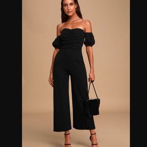Lulu's Impress Release Black Off-the-Shoulder Puff Sleeve Jumpsuit